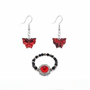 Silver Tone Butterfly Earring & Charcoal Elastic Ring Set